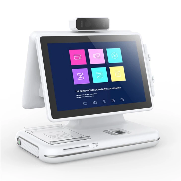 desktop-service-terminal-gdzs-dt001 Thiết bị kiosk để bàn CREATOR GDZS‑DT001 tích hợp camera, cảm biến vân tay, màn hình đôi